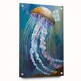 Acrylic wall art featuring a vibrant jellyfish design, showcasing intricate details and colors, mounted with pins for a modern display. Perfect for marine life enthusiasts.