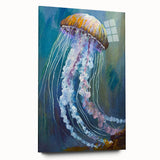 Acrylic wall art featuring a vibrant jellyfish design in shades of blue and purple, displayed in a sleek side view without mounting pins, ideal for marine life decor.
