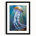 Black-framed wall art featuring a vibrant jellyfish design in rich blues and purples, perfect for marine life enthusiasts, adding a touch of ocean-inspired decor to any space.