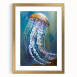 Elegant gold-framed wall art featuring a vibrant jellyfish design, perfect for marine life enthusiasts. The artwork includes a mat for a polished finish, enhancing any interior decor.