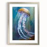 Framed wall art featuring a vibrant jellyfish design in shades of blue and purple, set in a sleek silver frame with a white mat, ideal for marine-themed decor.