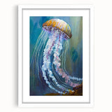 Framed wall art featuring a stunning jellyfish design in vibrant colors, displayed in a sleek white frame with a mat, ideal for marine-themed decor. Perfect for enhancing any room's ambiance with a touch of oceanic elegance.