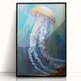 Framed acrylic wall art showcasing a vibrant marine life jellyfish design, set against a black background, perfect for enhancing home decor with ocean-inspired themes.
