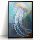 Framed acrylic wall art showcasing a vibrant marine life jellyfish design, set against a black background, perfect for enhancing home decor with ocean-inspired themes.