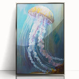Framed wall art featuring a vibrant jellyfish design in a silver-acrylic finish, showcasing intricate details and colors perfect for marine-themed decor. This piece adds a touch of elegance and ocean-inspired beauty to any room, ideal for art enthusiasts and ocean lovers.