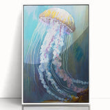 Framed acrylic wall art depicting a vibrant jellyfish design in shades of blue and pink, showcasing marine life in a contemporary style, perfect for ocean-themed decor.