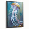 Framed wall art showcasing a stunning jellyfish design in vibrant colors, featuring a sleek black frame that enhances its aquatic theme and adds elegance to any decor.