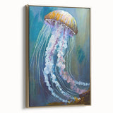 Framed wall art showcasing a vibrant jellyfish design in shades of blue and gold, elegantly displayed from a side perspective, perfect for marine-themed decor.