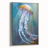 Framed canvas wall art showcasing a vibrant jellyfish design, with a silver frame and textured surface, ideal for marine-themed decor in modern spaces.