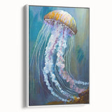 Framed wall art canvas featuring a vibrant jellyfish design, showcasing intricate details and bright colors, set against a white background for a modern aesthetic.