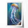 Vibrant jellyfish wall art print showcasing intricate marine life designs in blues and greens, rolled and ready for display in a stylish home decor setting.