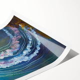 Vibrant jellyfish wall art print featuring intricate marine life designs in shades of blue and purple, beautifully rolled for easy display and shipping.