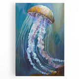 Vibrant wall art featuring a stunning marine life jellyfish design on stretched canvas, showcasing intricate details and soft colors, perfect for ocean-themed decor.