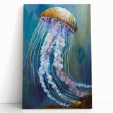 Vibrant jellyfish wall art design on stretched canvas, showcasing intricate details and fluid colors, perfect for marine-themed decor in modern interiors.