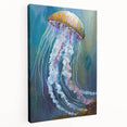 Stretched canvas wall art showcasing a vibrant jellyfish design in shades of blue and purple, ideal for marine life enthusiasts, displayed from a side view.