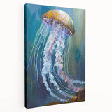 Stretched canvas wall art showcasing a vibrant jellyfish design in shades of blue and purple, ideal for marine life enthusiasts, displayed from a side view.