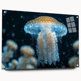 Side view of 16-piece marine life jellyfish wall art collection, featuring vibrant colors on acrylic glass, elegantly displayed with visible mounting pins. Ideal for sea-themed decor.