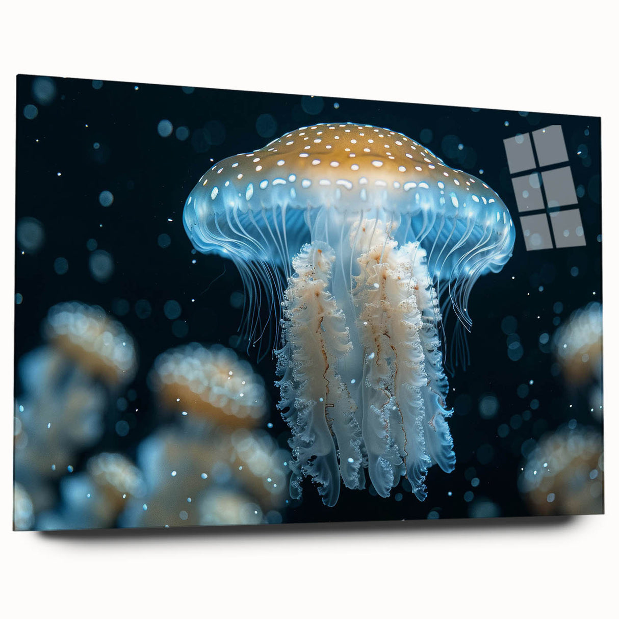 Colorful jellyfish wall art design displayed in an acrylic glass frame, showcasing vibrant marine life details and a sleek side view without pins.
