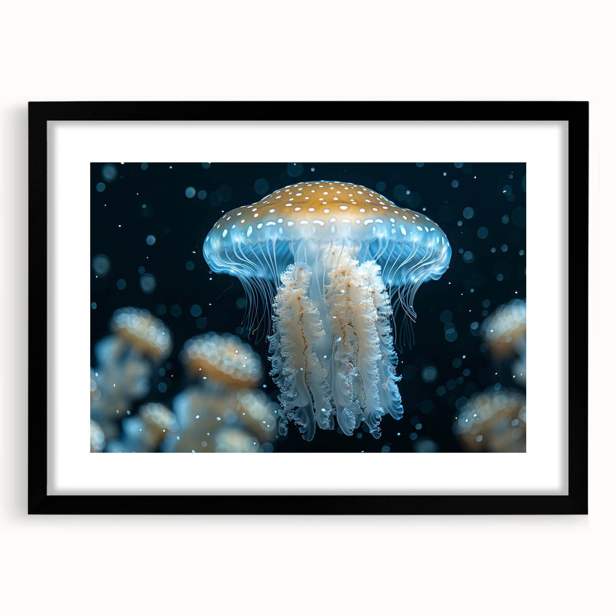Framed wall art displaying a vibrant jellyfish design, featuring a sleek black frame and mat. Ideal for marine life enthusiasts and stylish home decor.