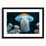 Framed wall art displaying a vibrant jellyfish design, featuring a sleek black frame and mat. Ideal for marine life enthusiasts and stylish home decor.