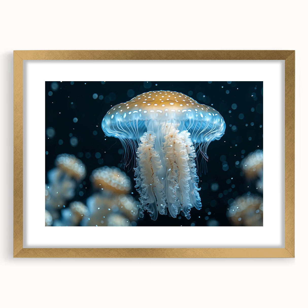 Framed wall art showcasing a vibrant marine life jellyfish design, featuring a gold frame and mat, perfect for ocean-themed decor in homes or offices.