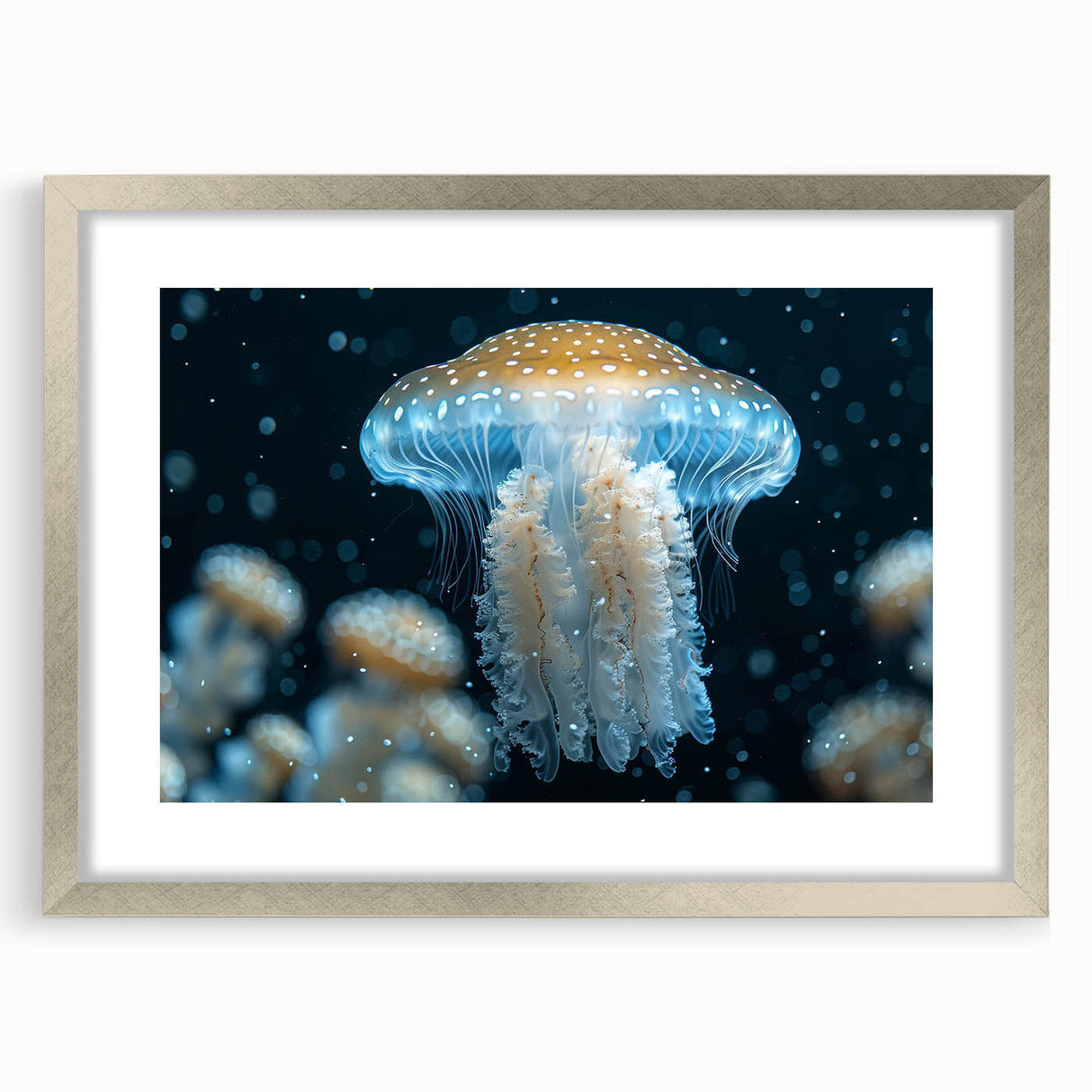 Framed wall art piece featuring a stunning jellyfish design in vibrant colors, elegantly matted and encased in a silver frame, perfect for marine-themed decor.