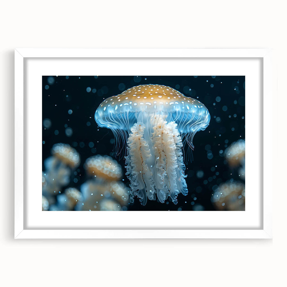 Elegant framed wall art showcasing a vibrant jellyfish design in shades of blue and purple, encased in a white mat, perfect for marine life enthusiasts.