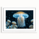 Elegant framed wall art showcasing a vibrant jellyfish design in shades of blue and purple, encased in a white mat, perfect for marine life enthusiasts.