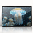 Framed wall art featuring a stunning jellyfish design in vibrant colors, set in a sleek black frame, perfect for marine life enthusiasts and modern decor.