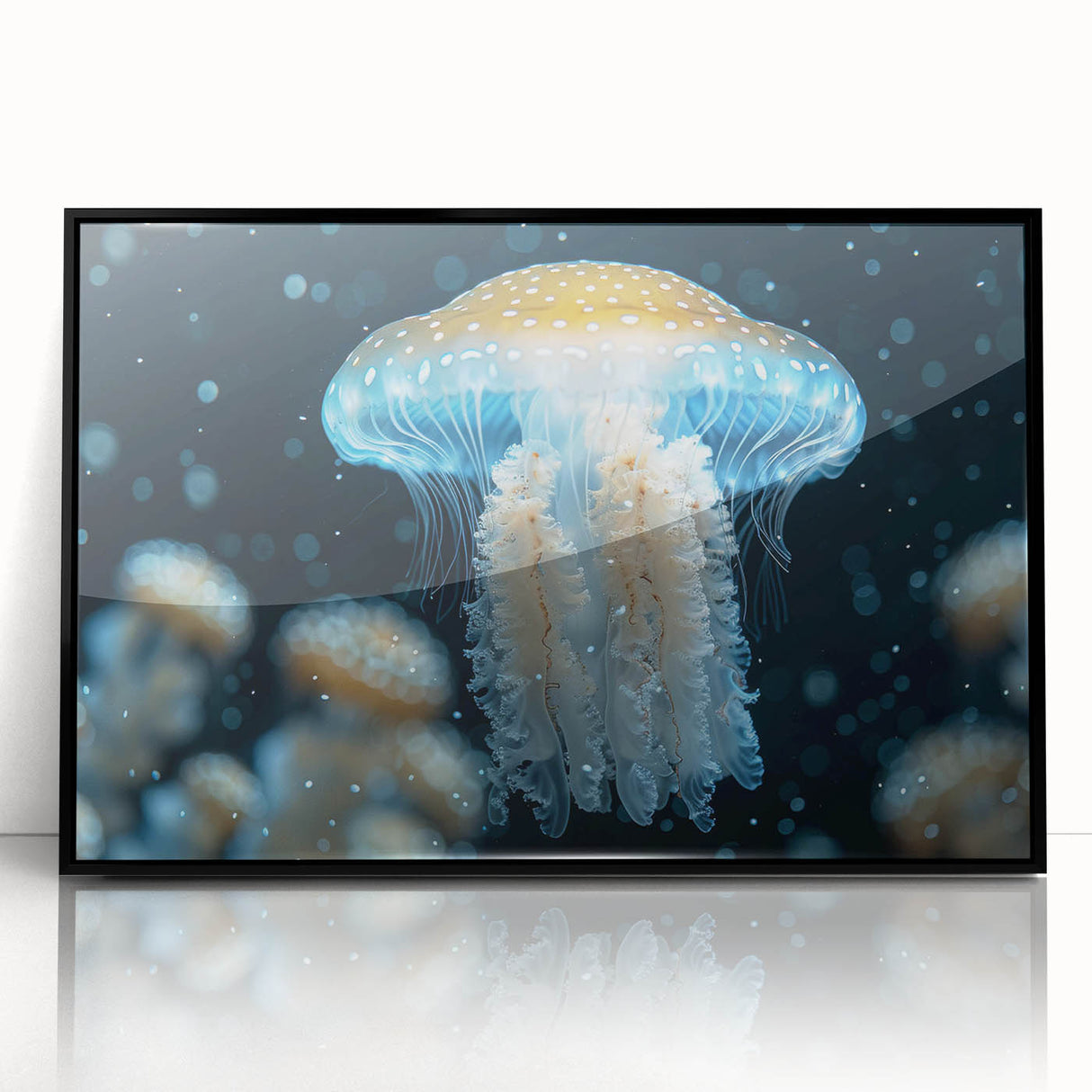 Framed wall art featuring a stunning jellyfish design in vibrant colors, set in a sleek black frame, perfect for marine life enthusiasts and modern decor.