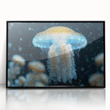 Framed wall art featuring a stunning jellyfish design in vibrant colors, set in a sleek black frame, perfect for marine life enthusiasts and modern decor.
