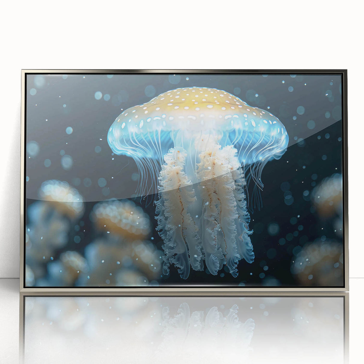 Framed wall art featuring a stunning jellyfish design in vibrant colors, set in a sleek silver frame, perfect for marine-themed decor.