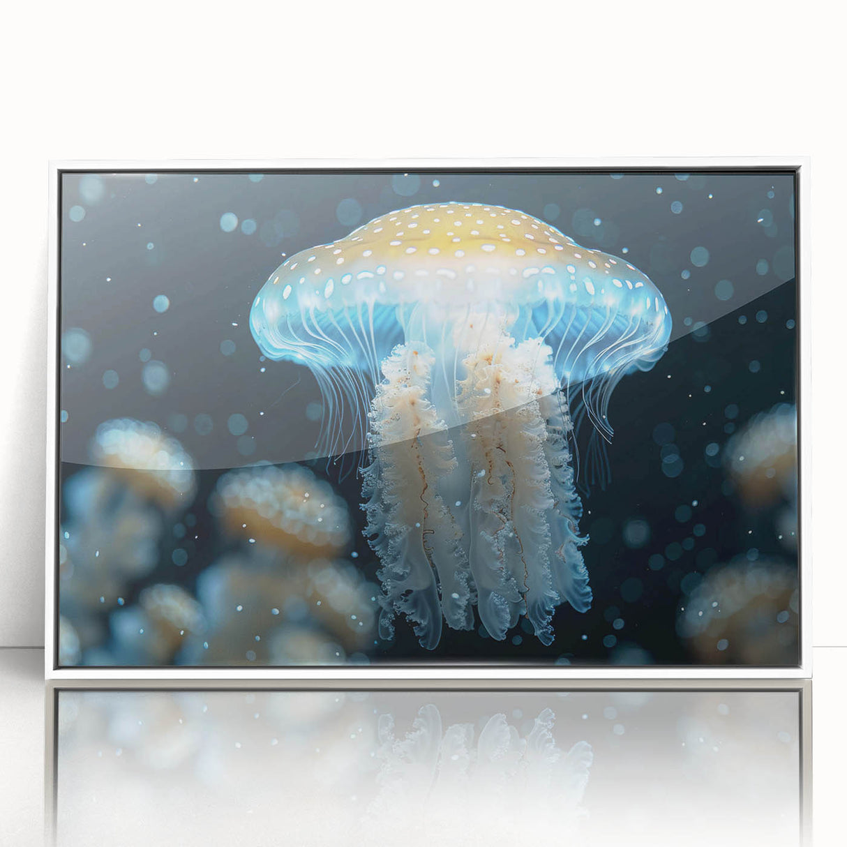 Framed wall art featuring a vibrant jellyfish design in a marine life theme, showcasing intricate details and bright colors, ideal for ocean-inspired decor.