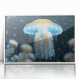 Framed wall art featuring a vibrant jellyfish design in a marine life theme, showcasing intricate details and bright colors, ideal for ocean-inspired decor.