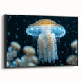 Framed wall art design showcasing a vibrant jellyfish in marine life theme, featuring a sleek black frame and side view, perfect for ocean-inspired decor.