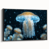 Framed wall art design showcasing a vibrant jellyfish in marine life theme, featuring a sleek black frame and side view, perfect for ocean-inspired decor.