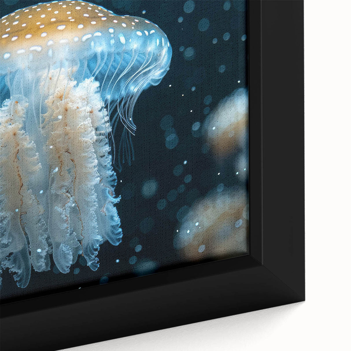 Close-up of a framed wall art piece showcasing a vibrant jellyfish design, emphasizing the intricate details and colors in the marine life collection. Perfect for ocean-themed decor.