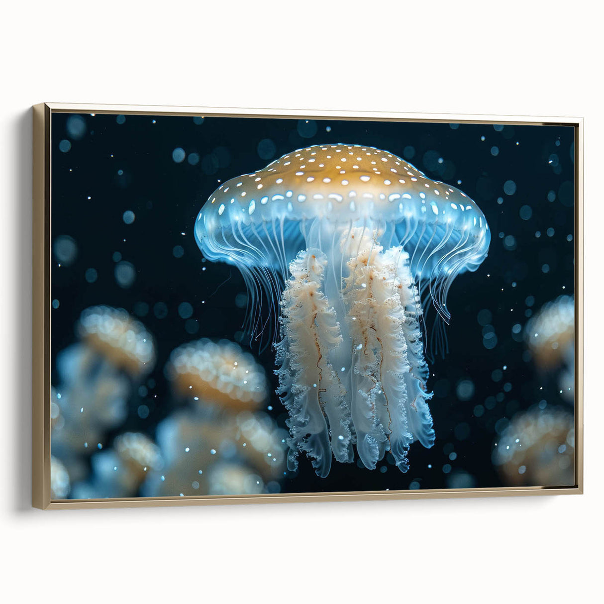Framed wall art featuring a vibrant jellyfish design in shades of blue and gold, elegantly displayed for marine life enthusiasts, perfect for home decor.