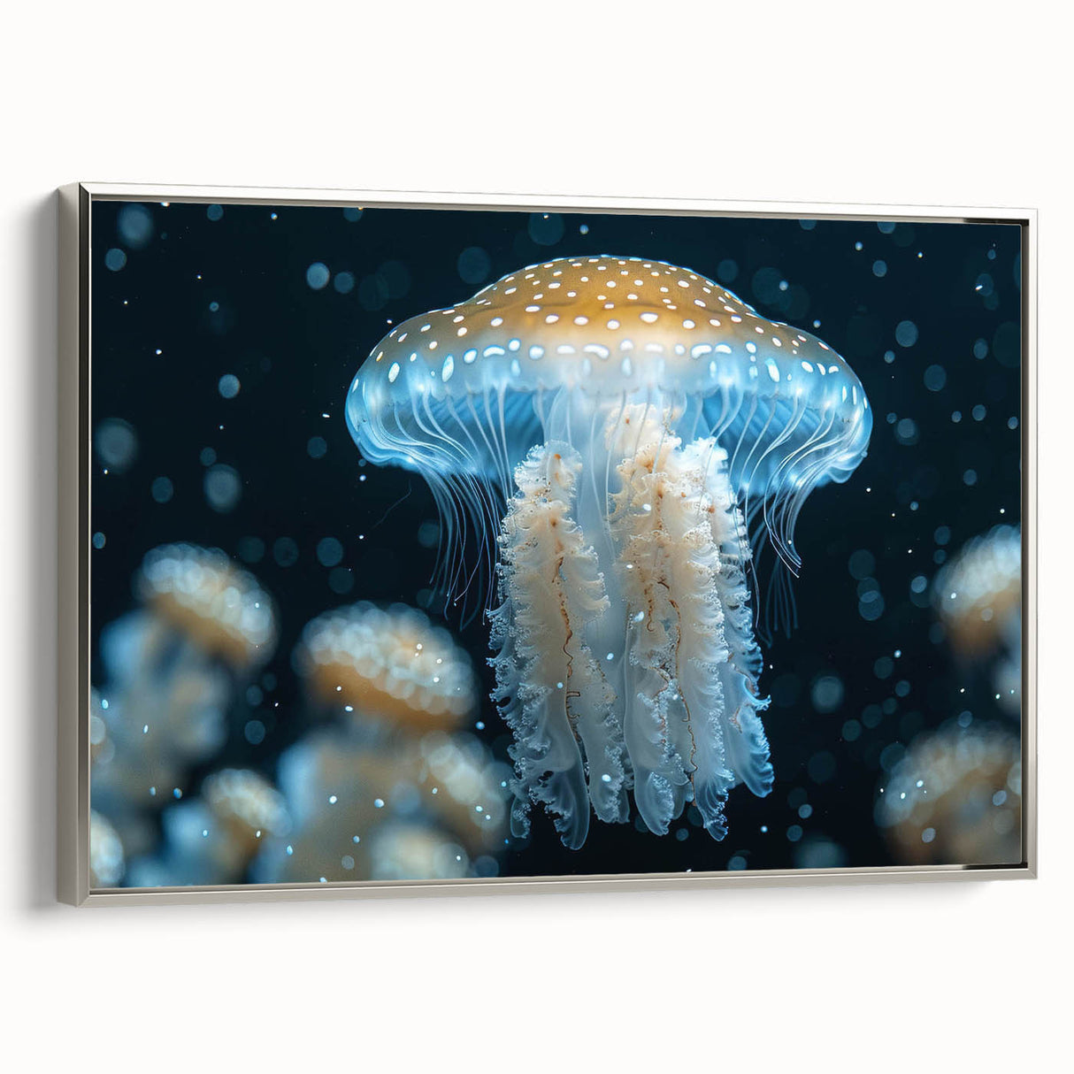 Framed canvas wall art depicting a vibrant jellyfish design in shades of blue and silver, perfect for marine-themed decor. Side view showcases its elegant frame.