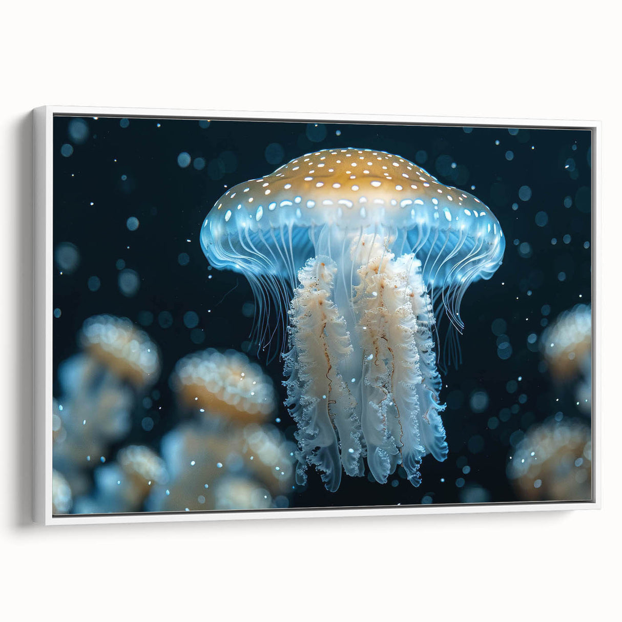 Framed wall art showcasing a vibrant jellyfish design in shades of blue and purple, set against a white background, ideal for marine life enthusiasts.