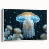 Framed wall art showcasing a vibrant jellyfish design in shades of blue and purple, set against a white background, ideal for marine life enthusiasts.