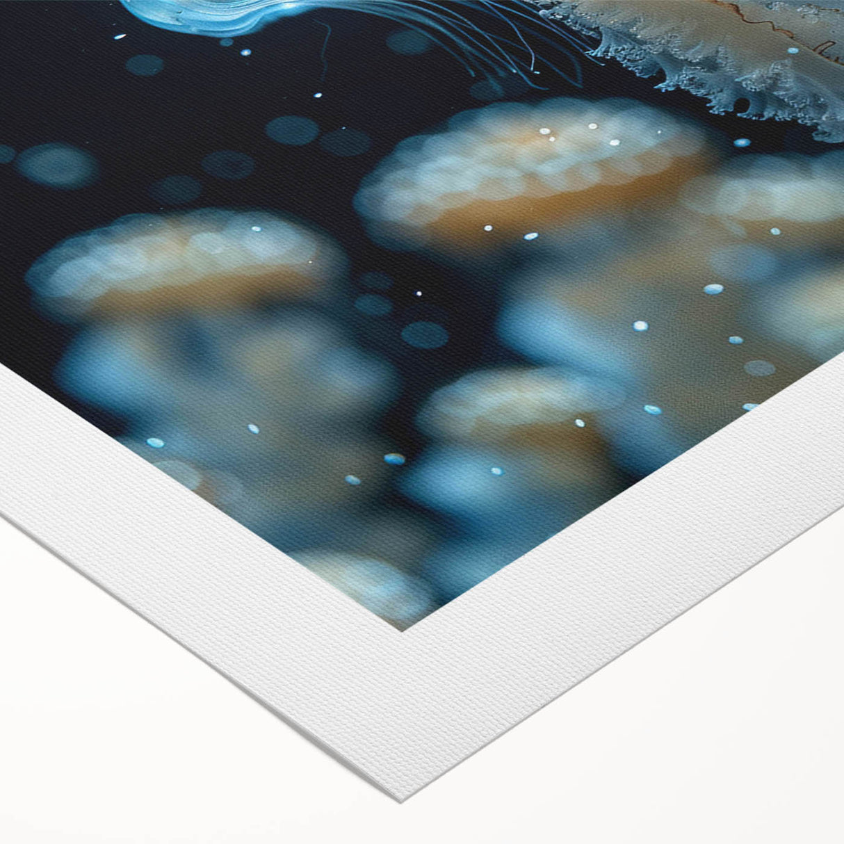 Vibrant jellyfish wall art design on rolled canvas, showcasing intricate details and bright colors, perfect for marine life enthusiasts and home decor.