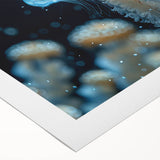 Vibrant jellyfish wall art design on rolled canvas, showcasing intricate details and bright colors, perfect for marine life enthusiasts and home decor.