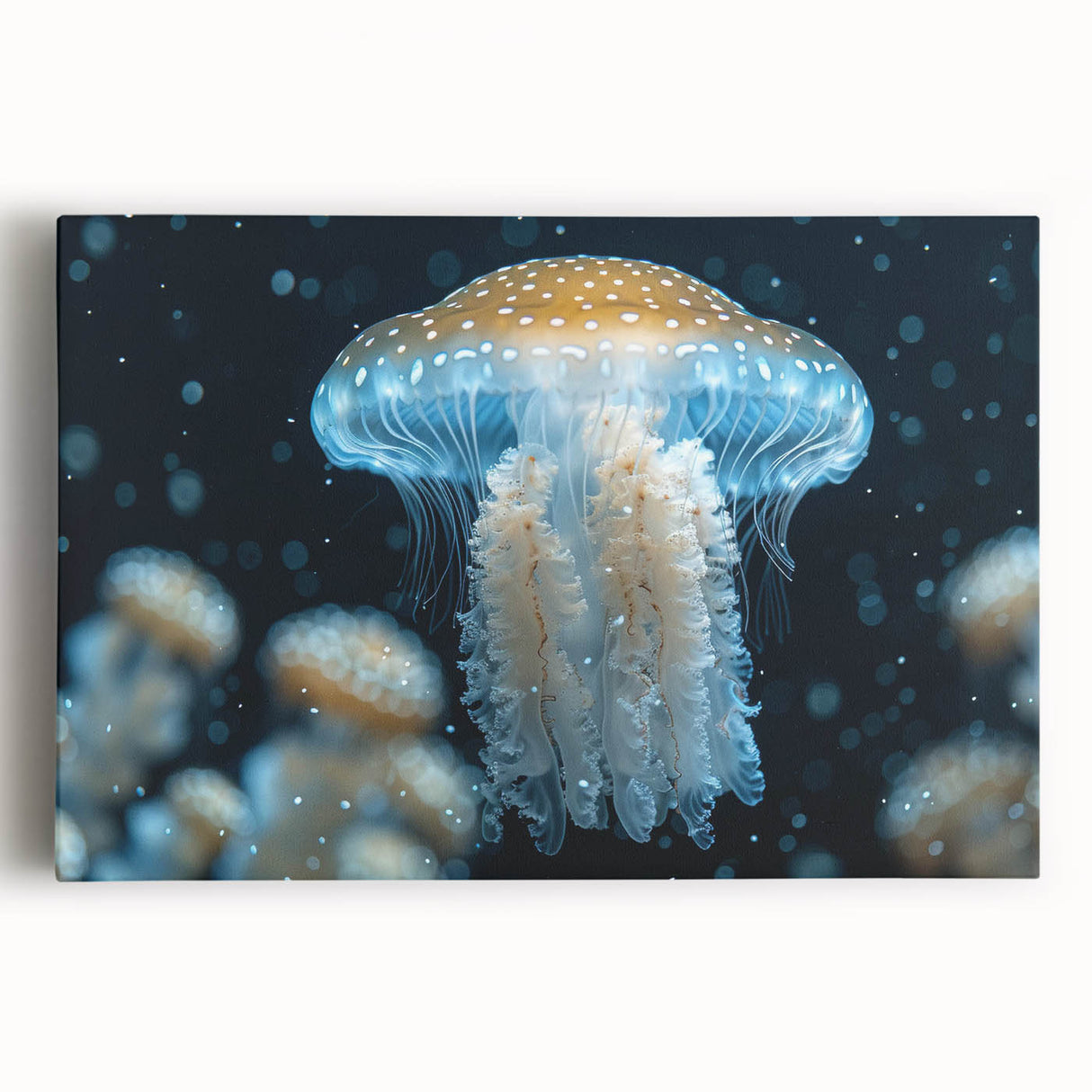 Stretched canvas wall art featuring a vibrant jellyfish design in blues and purples, showcasing marine life themes, perfect for ocean-inspired decor.