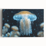 Stretched canvas wall art featuring a vibrant jellyfish design in blues and purples, showcasing marine life themes, perfect for ocean-inspired decor.