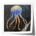 Vibrant jellyfish wall art print showcasing intricate details and colors, perfect for marine life enthusiasts and modern decor. The glossy finish enhances its visual appeal.