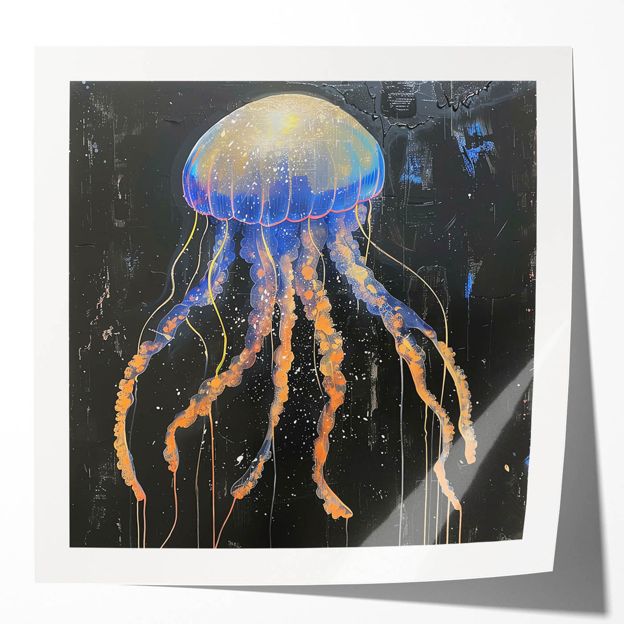 Vibrant jellyfish wall art print showcasing intricate details and colors, perfect for marine life enthusiasts and modern decor. The glossy finish enhances its visual appeal.