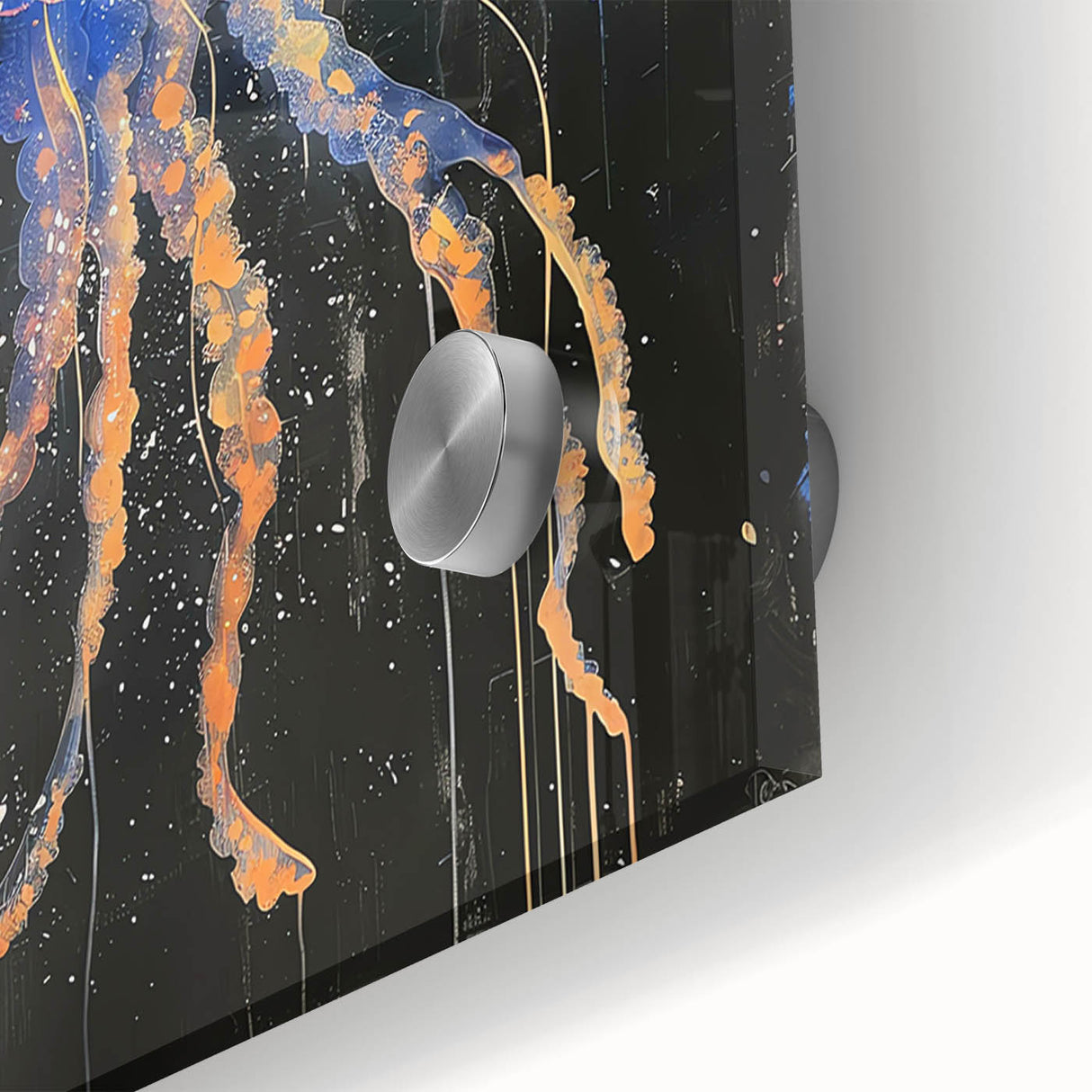 Close-up of vibrant jellyfish wall art design on acrylic glass, showcasing intricate details and colors, perfect for marine life enthusiasts and modern decor.