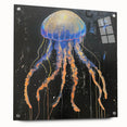 Acrylic wall art showcasing a vibrant jellyfish design in shades of blue and purple, displayed in a sleek frame with pins, perfect for marine-themed decor.
