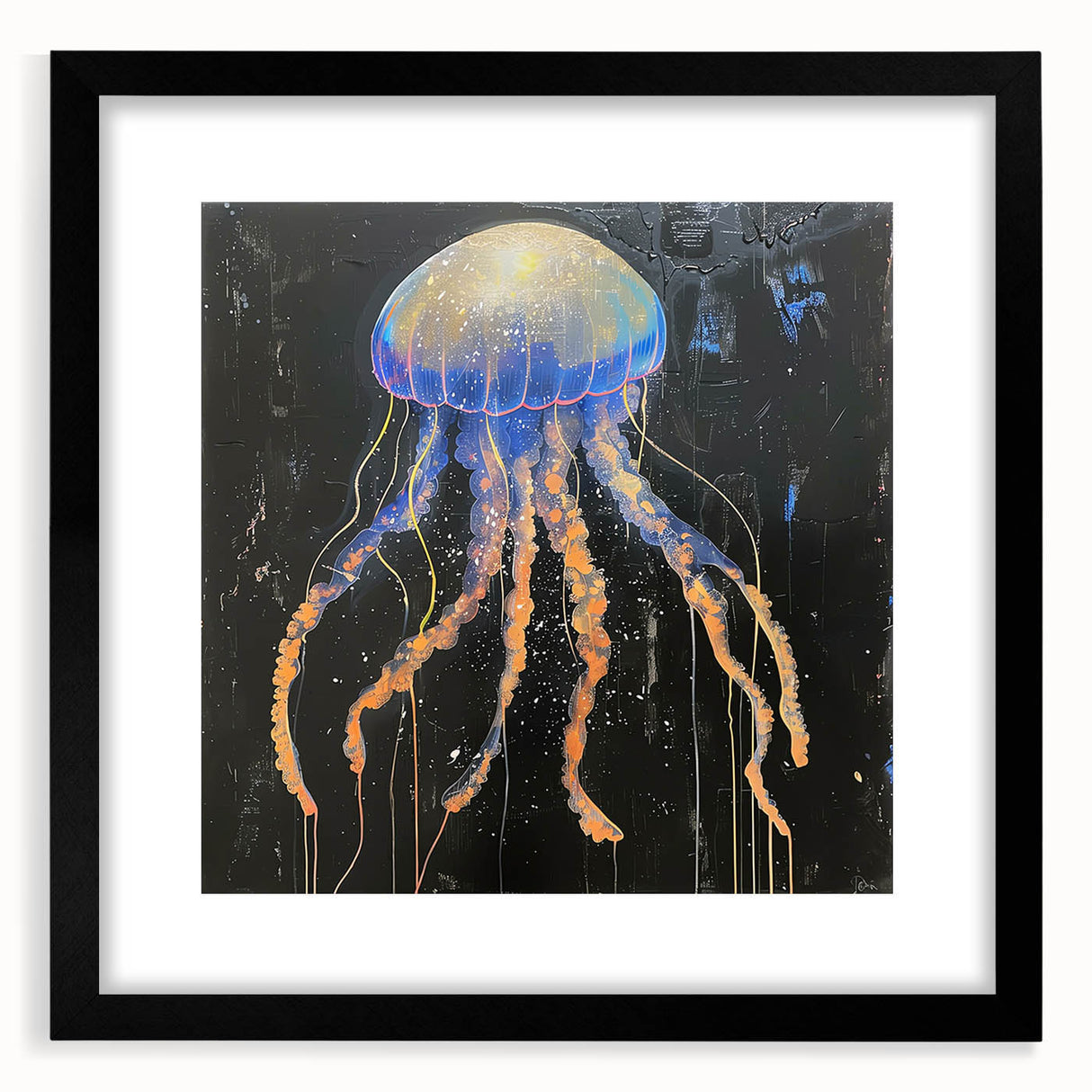 Framed wall art featuring a vibrant jellyfish design in shades of blue and purple, set against a sleek black mat, perfect for marine life enthusiasts' decor.